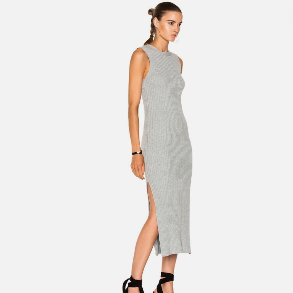 Frame Denim Heather Grey Rib Ribbed Knit Stretch Side Slit Midi Dress (size XS) - Picture 2 of 8